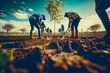 Rear view of tree planter man walks along future tree planting sites full of tropical rainforest, exotic seedlings reforestation. People working in forest for sustainable afforestation. Generative AI