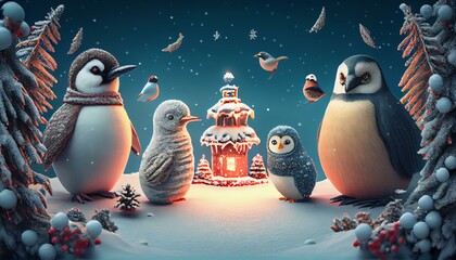 A festive winter wonderland with snowflakes, penguins, and snowmen.. Generative AI
