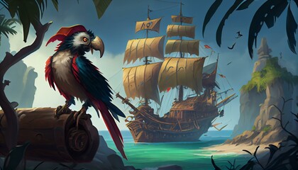 Fototapeta premium A pirate adventure with ships, treasure, and parrots.. Generative AI