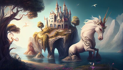 A whimsical fairy tale world with castles, dragons, and unicorns.. Generative AI