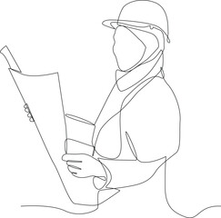 Single continuous line drawing of young female architect holding blueprint paper pose cross arms. Professional work job occupation. Minimalism concept one line draw graphic design vector illustration