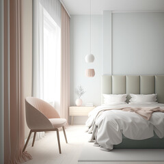 Fototapeta premium Minimalist hotel room with natural light and wood furniture - ai generated