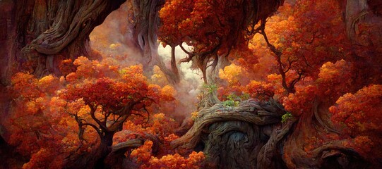 Dreamlike forest of autumn orange and yellow colors, surreal vegetation, mythical and otherworldly, natural beauty, vibrant imaginative woods - high detail generative ai.