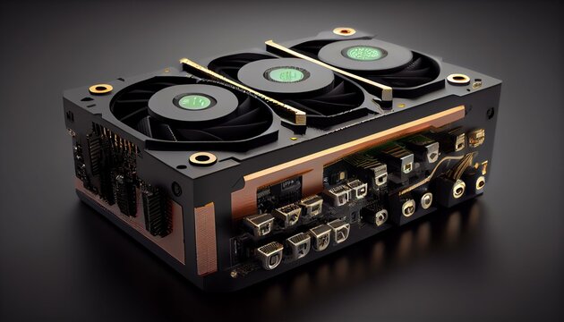 A visual representation of a graphics card with ports and connectors.. Generative AI