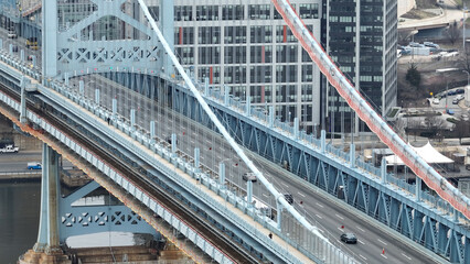 Amazing Ben Franklin Bridge over Delaware River in Philadelphia - drone photography