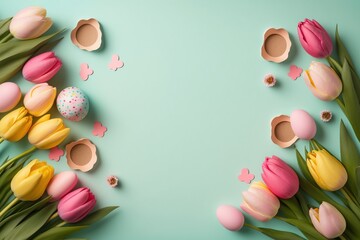 Obraz premium colorful tulips and eggs lying on teal green background with copy space for easter card