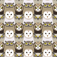 Owl birds are white and gray with yellow eyes. Animal seamless pattern, print, background. Vector illustration