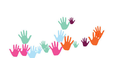 Fototapeta premium Cheerful children handprints art therapy concept background design.