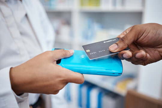 Credit card, hands and payment tap machine for retail, healthcare and people in pharmacy drug store. Money, technology and shopping for prescription medicine, health insurance and customer buying