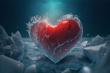 Generative ai a huge heart in ice at bottom of ocean, cracking ice, iceberg, ice floes, love at bottom