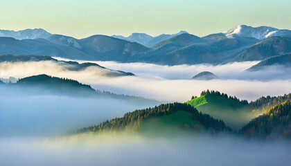 Spring mood of  a mountain landscape view, mist, fog mood, sky, sunrise, sunset, green meadow and trees, forest. Beautiful setting. Generative AI.