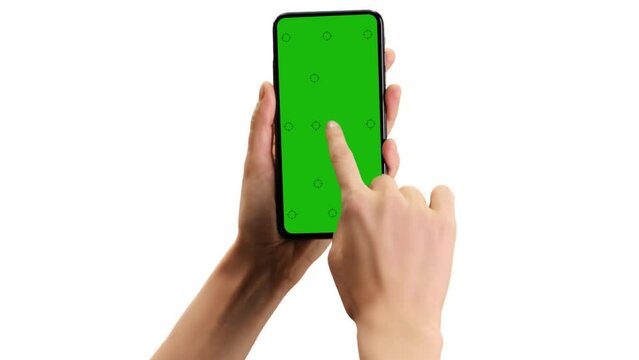 Template for cell phone with green screen and white background. The hand points and then swipes.