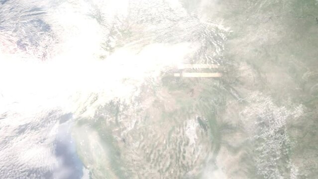 Earth zoom in from outer space to city. Zooming on Kuna, Idaho, USA. The animation continues by zoom out through clouds and atmosphere into space. Images from NASA