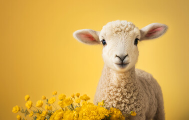 A cute baby spring lamb surrounded by spring flowers. Generative ai