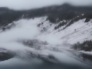 Obraz premium lakedam wall clouds fog snow dam