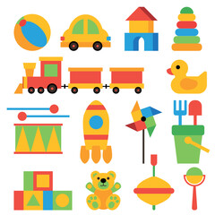 Toys set, collection. Preschool activity children objects. Yellow Rubber Duck, Children's wooden toys, Train, Car, Rocket, Bear, Ball. Kids toys. A set of children's toys for the youngest