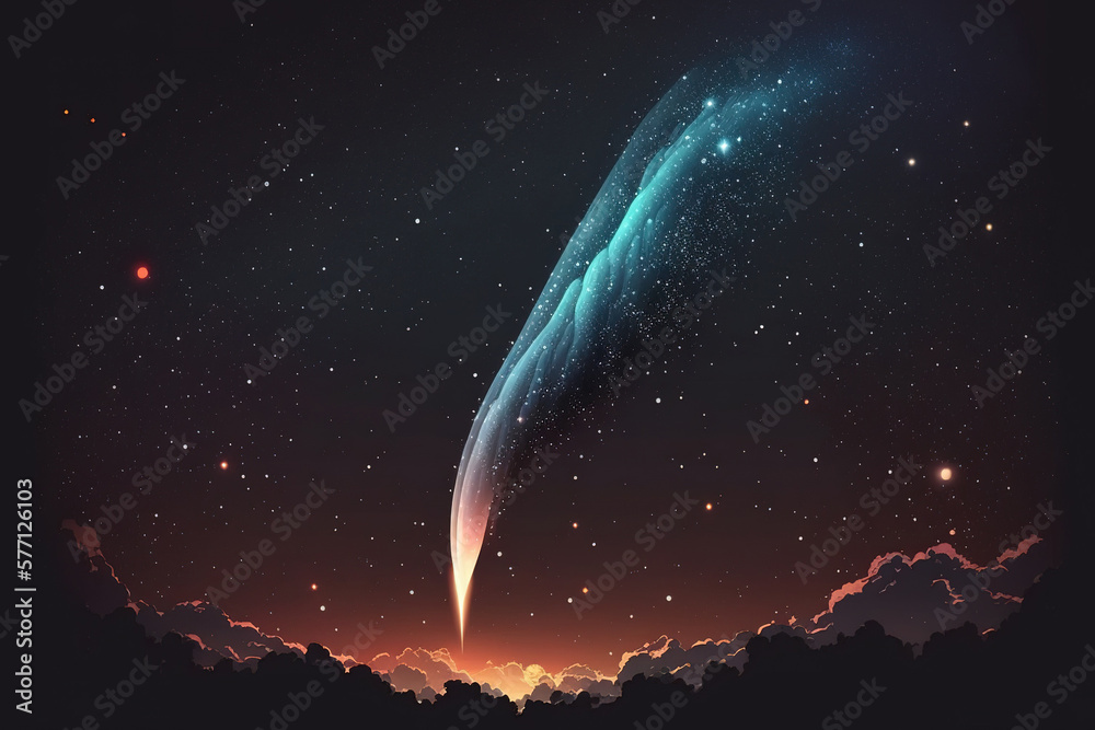 Wall mural glowing comet in the starry sky. observation of celestial objects. real photography of a comet's tai