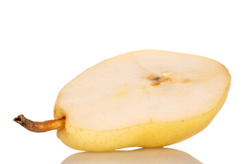One half of organic yellow pears, close-up, isolated on white.