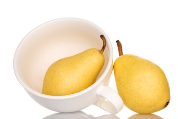 Two ripe yellow pears with a white ceramic cup, close-up, isolated on white.