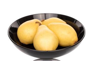 Several organic yellow pears in a black plate, close-up, isolated on white.