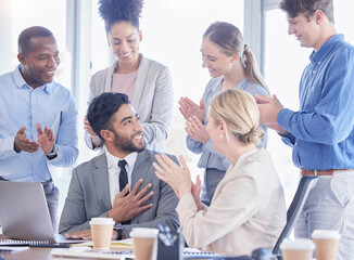 Business, team and man with promotion, applause and happiness for success, new project and workplace. Male leader, staff and group clapping, achievement and celebration for profit growth and office