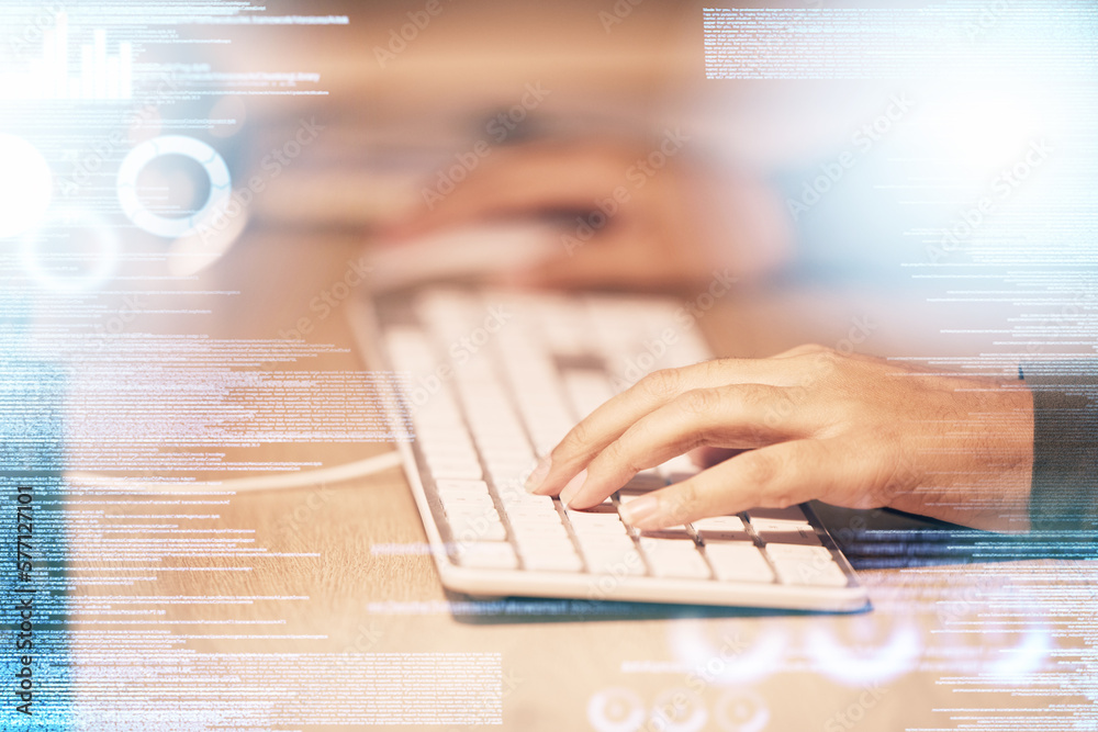 Poster typing, computer and overlay with hands of person in office at night for email, digital and proposal