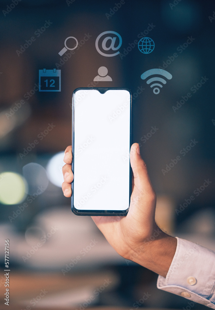 Poster hands, phone and mockup screen with icons at night for networking, social media or communication at 