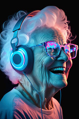 Grandma listens to music. Cool grandmother wearing headphones listening music. generative ai. Forever young elderly hipster woman enjoys a favourite song