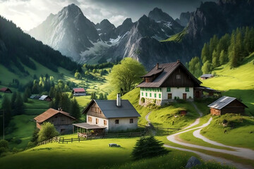 Fototapeta na wymiar Landscape of Alpine mountains, Alpine mountains landscape with rural houses, Generative AI