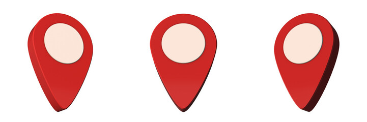 map pin, pointer, transparent background, left, front and right view (3d render)