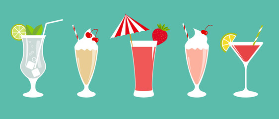A set of vector cocktail icons - mojito, milk, strawberry, citrus, cherry.