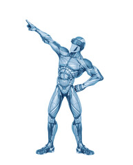 super hero is pointing up and showing the way in an exosuit