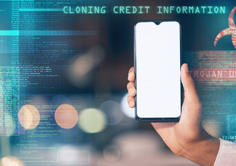 Hands, phone and screen mockup for virus, hacking software or cybersecurity at night in double...