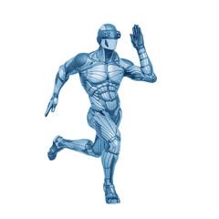 super hero in a exosuit is running in action