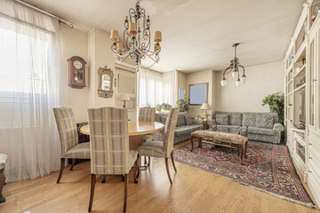 living room with a variegation of furniture and colors with a Persian-style carpet and a custom-made white wooden bookcase