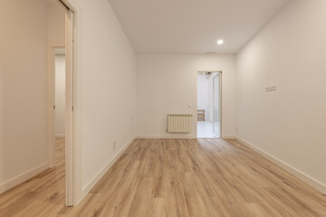 Empty loft style apartment with white moldings on doors and skirting, tempered glass door, smooth white walls and light wooden floors, white aluminum radiators