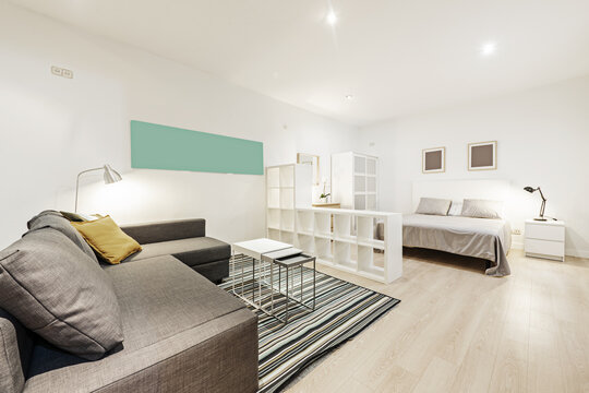 Loft-style apartment furnished with white wooden shelves, chest of drawers, armored access door and wooden floors covered with jarapa carpet and double bed with gray bedspread