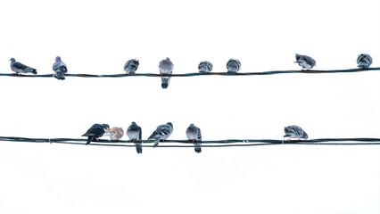 a flock of urban gray pigeons are sitting on wires along the entire frame against a light sky background and snowing