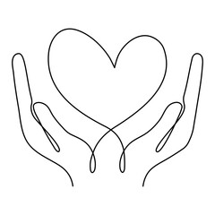 Continuous one line drawing arms holding heart. Charity donation linear concept. Vector isolated on white.	