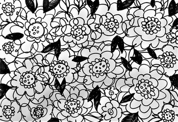 Seamless background pattern with hand drawn flowers and leaves, black and white