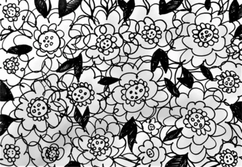 Keuken spatwand met foto Seamless background pattern with hand drawn flowers and leaves, black and white © Orange Sky