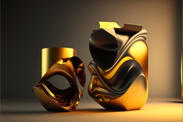 3d illustration of golden abstract shapes for interior decoration on a dark background