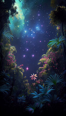 Obraz na płótnie Canvas Star - filled cosmic lush verdant jungle full of stars with exotic bioluminescent flowers,the most beautiful image ever seen