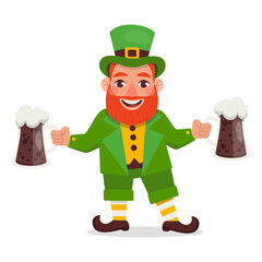 Funny Leprechaun holds two glasses of dark beer. St.Patrick 's Day. Vector graphic.