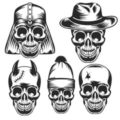 set of skulls with hats and other elements.