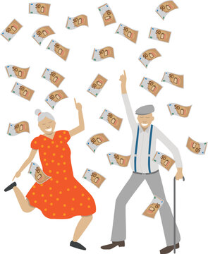 illustration vectorielle amusante repr&eacute;sentant un couple de retrait&eacute;s riches et heureux en train de danser sous une pluie de billets de banque