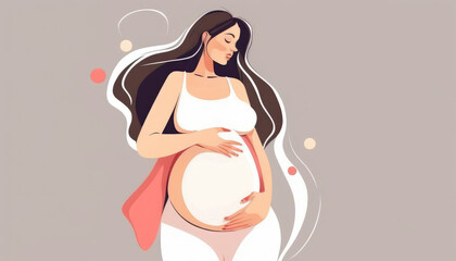 A flat illustration featuring a pregnant woman with a round belly. Generative AI - 577130110