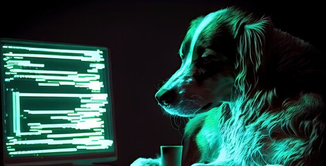 Dog Engineer In Front Of Green Monitor Generative AI