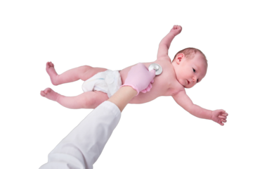 Woman doctor listens with a stethoscope to a newborn baby, isolated on a white background. Nurse checks the child health with a stethoscope. Kid aged two months