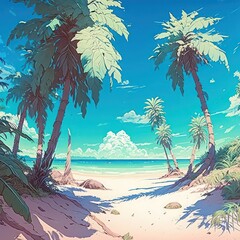Obraz na płótnie Canvas Beautiful beach with palm trees. Digital art. Illustration painting. Blue sea with big sky. Big shore. Generative AI.
